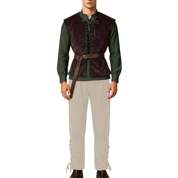 Yyuenw Men Medieval Renaissance 4Pcs Outfit Shirt Vest Pants Belt Cosplay Costume Theme Halloween Set