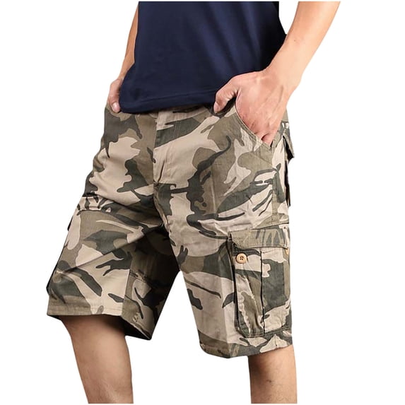 Yyuenw Men's Camo Cargo Shorts Cotton Casual Loose Shorts with Multi-Pocket for Outdoor Hiking