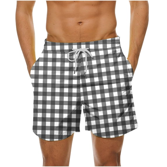 Yyuenw Men's Gingham Print Swim Trunks, Quick Dry Board Shorts with Drawstring Waist & Pockets, Casual Beach Swimwear