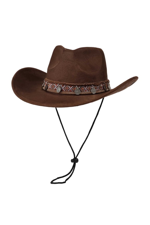 Men's Women's Faux Suede Cowboy Hat, Vintage Western Coin Decor Wide Brim Sun Cap, Rodeo Sun Visor for Parties Festivals