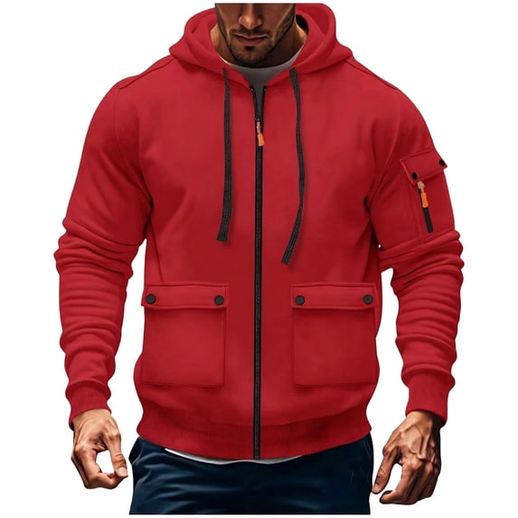 Chiccall Mens Fleece Hoodie Breathable Wicking Cargo Full Zip Drawstring Long Sleeve Sweatshirts Athletic Work Fashion for Men with Multi Pockets