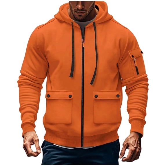 Chiccall Mens Fleece Hoodie Breathable Wicking Cargo Full Zip Drawstring Long Sleeve Sweatshirts Athletic Work Fashion for Men with Multi Pockets
