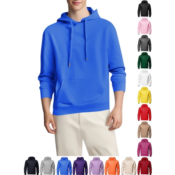 Yyuenw Hoodies for Men Long Sleeve Fleece Solid Pullover Casual Athletic Drawstring Hooded Sweatshirts with Pocket Blue 2XL