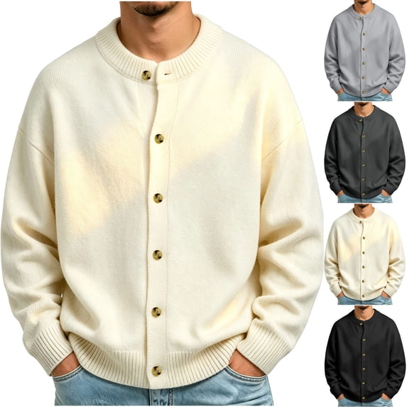 Chiccall Mens Sweater Crewneck Button Down Long Sleeve Knit Sweater Loose Fit Casual Tops