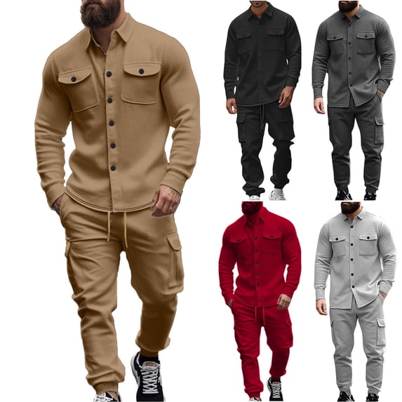 Dvprdro Mens Tracksuit 2 Piece Fleece Sets Button Down Long Sleeve Sweatshirts Elastic Waist Drawstring Sweatpants Cargo Casual Loose Fit Athletic Outfits with Multi Pockets
