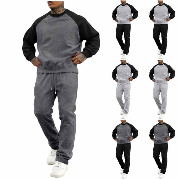 Chiccall Mens Tracksuit 2 Piece Fleece Sets Crewneck Long Sleeve Sweatshirts Elastic Waist Drawstring Sweatpants with Pocket Casual Athletic Colorblock Outfits