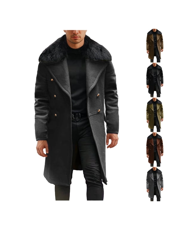 Mens Wool Blend Trench Coat Fuzzy Fleece Collar Winter Double Breasted Casual Jacket Fashion Lapel Mid-Length Overcoat
