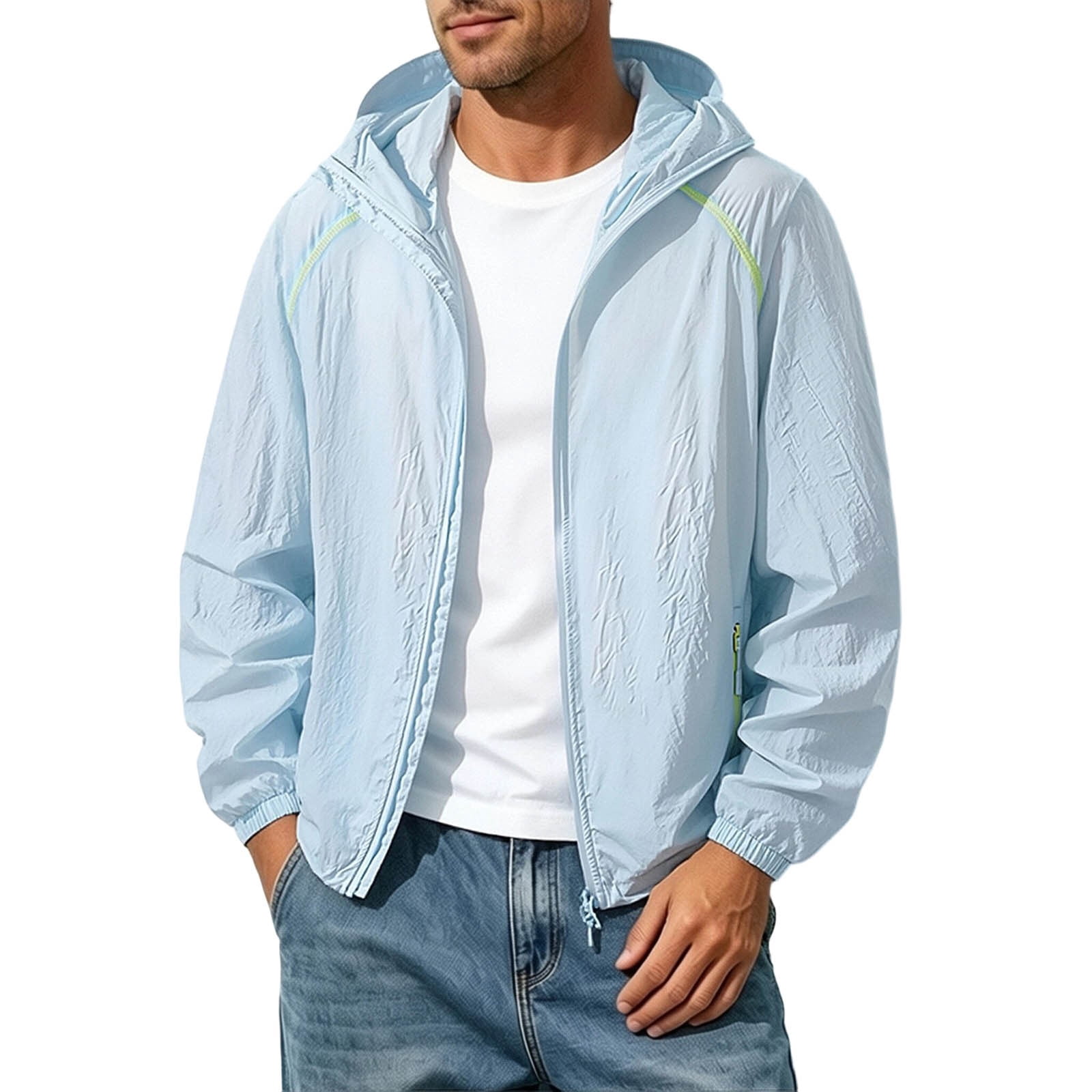 Yyuenw Mens Wrinkled Texture UPF50+ Sun Hoodie, Packable Zip Solid