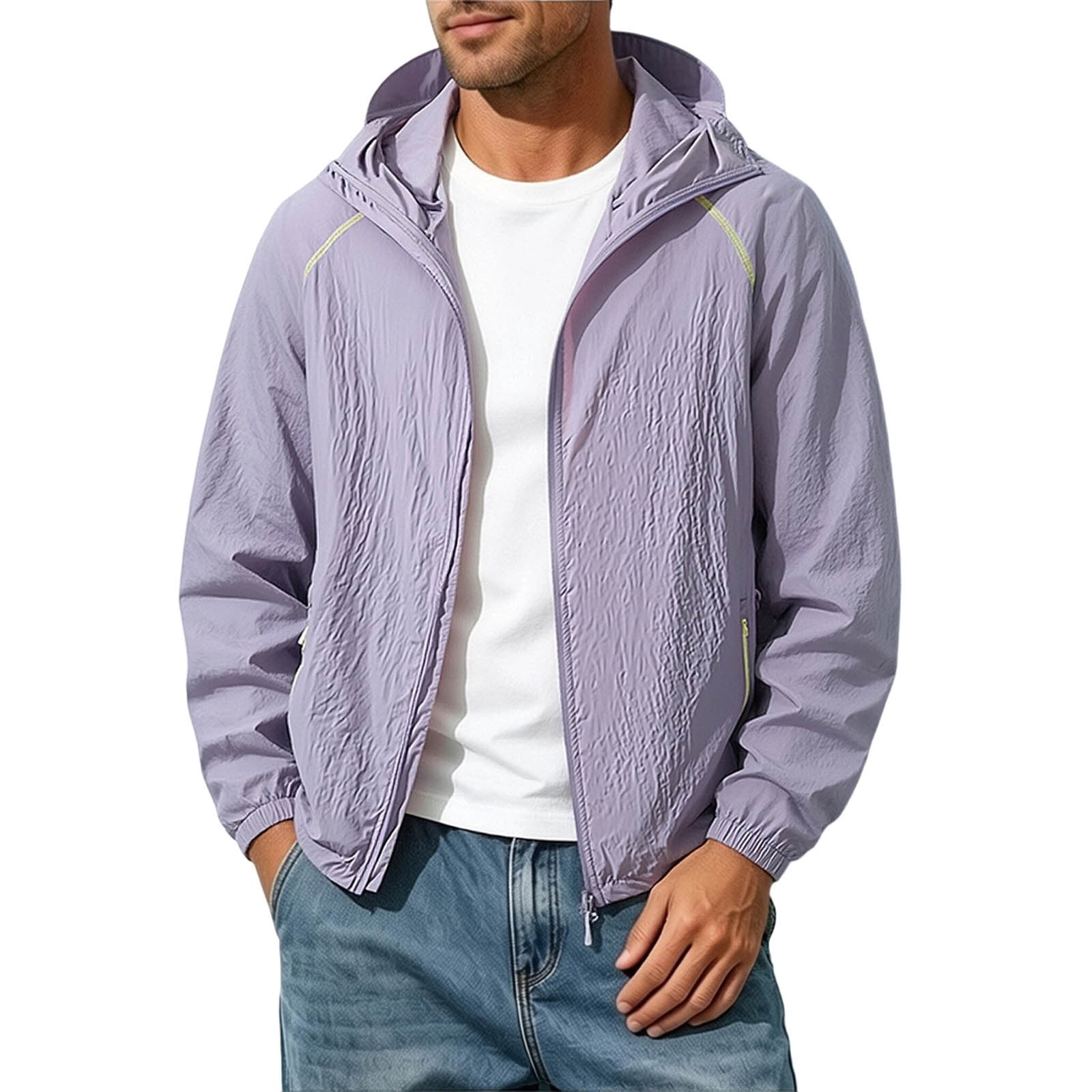 Yyuenw Mens Wrinkled Texture UPF50+ Sun Hoodie, Packable Zip Solid