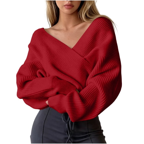 Yyuenw Off Shoulder V Neck Wrap Sweater for Women Cropped Batwing Sleeve Ribbed Knit Pullover Jumper Tops