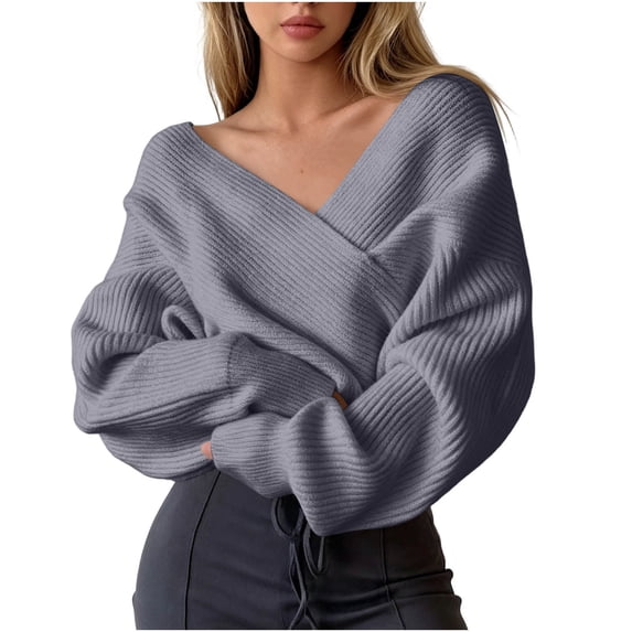 Yyuenw Off Shoulder V Neck Wrap Sweater for Women Cropped Batwing Sleeve Ribbed Knit Pullover Jumper Tops