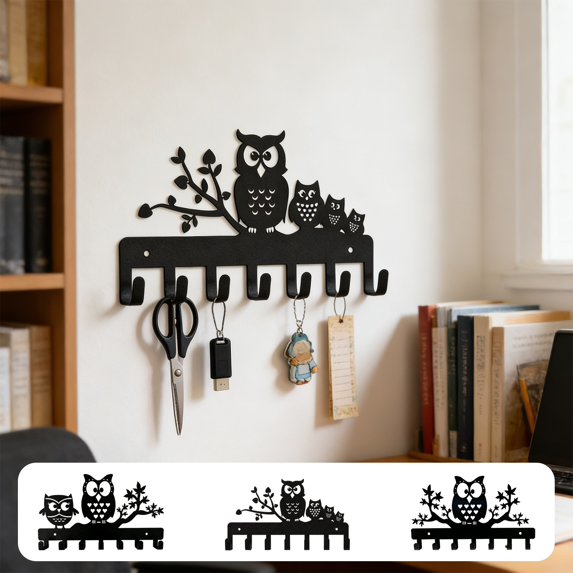 Yyuenw Owl Metal Wall Coat Rack 10-inch Black Metal Coat Hanger with 7 Hooks Ideal for Entryway, Living Room, Office and Home Decor
