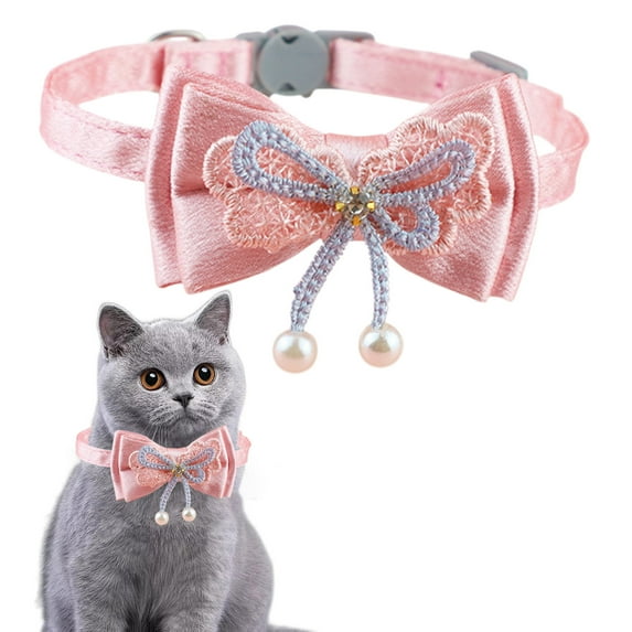 Yyuenw Pink Cat Collar Breakaway, Cat Collar with Pearl Pendant Quick Release Safe Buckle Pink Bowtie Adjustable Baby Kitten Collars Cute Cat Collar for Girl Cat