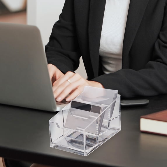 Clearance Under $5!Yyuenw Plastic Card Holder for Desk 2 Tier 2 Slots, Clear Business Name Card Display Stand, Desk Accessory Business Name Card Organizer