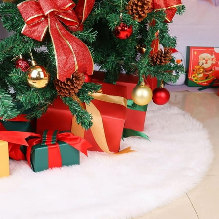 Yyuenw Plush Christmas Tree Skirts, 23.62 Inches Luxury Snowy White Faux Fur Xmas Tree Base Cover Mat with Gold Snowflakes for Xmas New Year Home Party Decorations