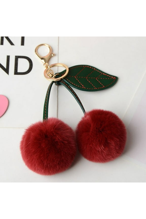 Pom Pom Keychain Soft Artificial Rabbit Fur Plush Fluffy Ball Key Ring for Women Girl Cherry Keychain Bag Charms Handbags Car Key Chain Cherry Pendant Accessories