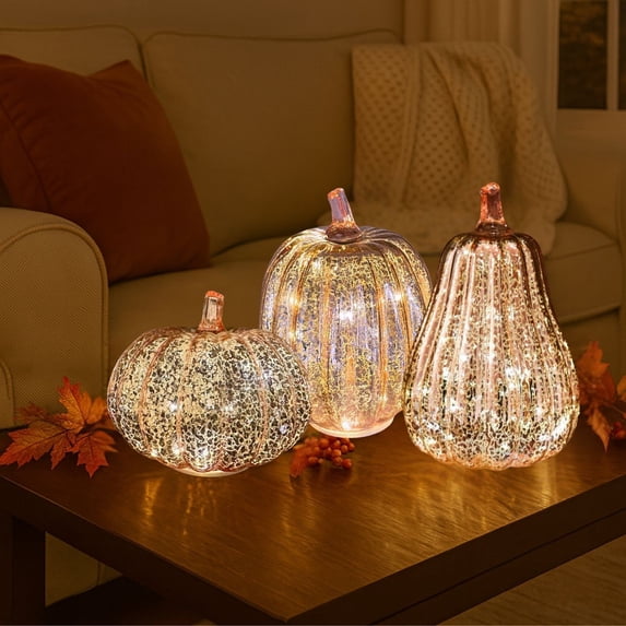 Yyuenw Rose Gold Glass Pumpkin Light, LED Timer Battery Operated Halloween Fall Decor, Mercury Glass Table Centerpiece for Home Mantel