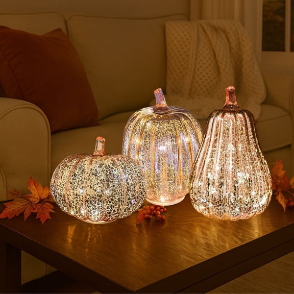 Yyuenw Rose Gold Glass Pumpkin Light, LED Timer Battery Operated Halloween Fall Decor, Mercury Glass Table Centerpiece for Home Mantel