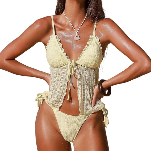 Yyuenw Solid Color Women Textured Knit Mesh 2 Piece Bikini Set Ruffle Edge Cami Cover Up Soft Stretch Summer Beach Swim Suit