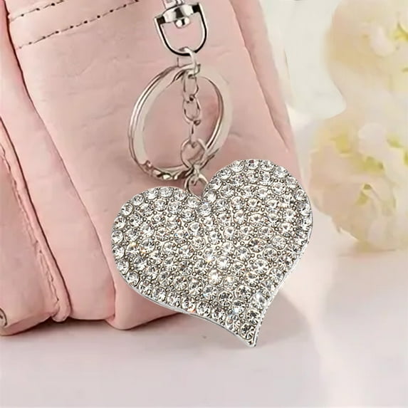 Yyuenw Sparkly Rhinestones Heart Key Chains Crystal Tassel Key Chain Leather Bag Charm for Women Valentines Decorations