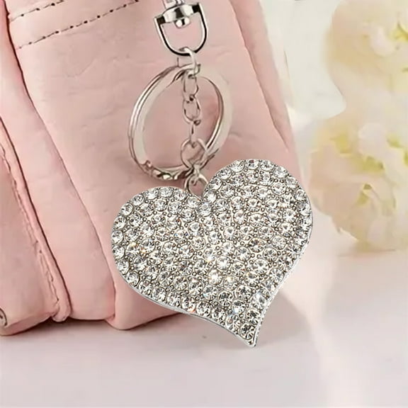 Yyuenw Sparkly Rhinestones Heart Key Chains Crystal Tassel Key Chain Leather Bag Charm for Women Valentines Decorations