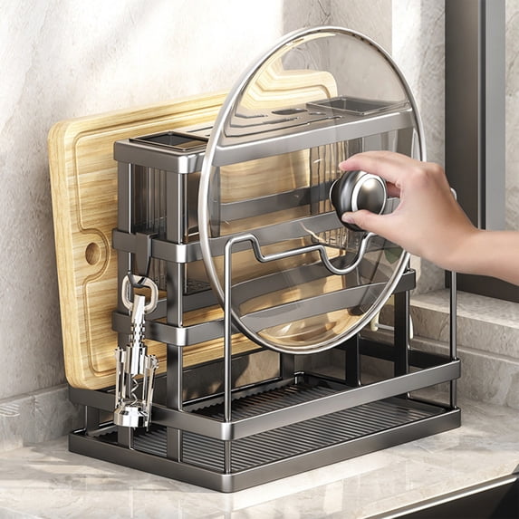 Yyuenw Stainless Steel Knife Holder and Storage Rack Multi-Functional Kitchen Utensil Organizer Features Hooks and Drain Tray Perfect for Kitchen Countertop