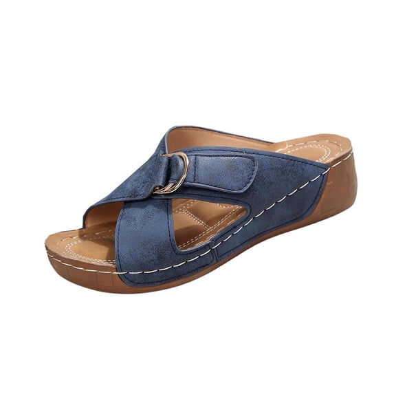 Yyuenw Summer Open Toe Cross Band Wedge Slides Women PU Adjustable Buckle Slip On Sandals
