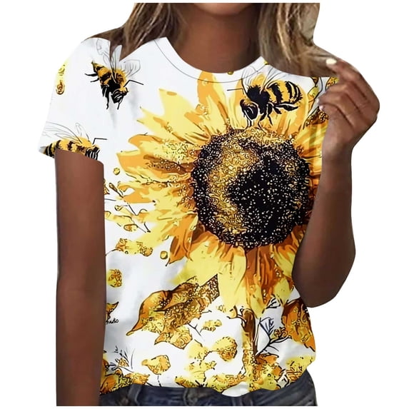 Yyuenw Summer Tops for Women, Casual Multicolor Cute Bee Graphic T-Shirt Shirts Simplicity Fashion Round Neck Short Sleeve Vacation Top