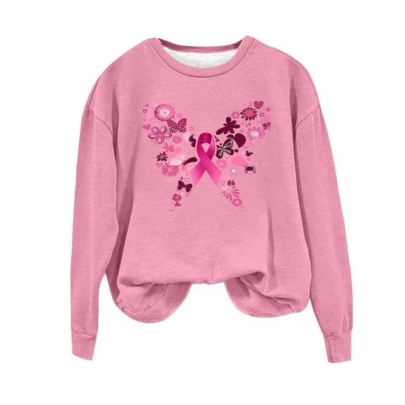 Yyuenw Sweatshirt for Women Breast Cancer Awareness Floral Butterfly Ribbon Long Sleeve Crew Neck Tops