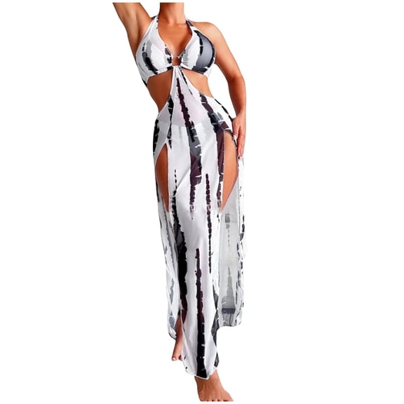Yyuenw Tie-Dye Bikini Set (3-Piece), Halter Cutout Swimsuit with Maxi Dress, Breathable Beachwear for Vacation