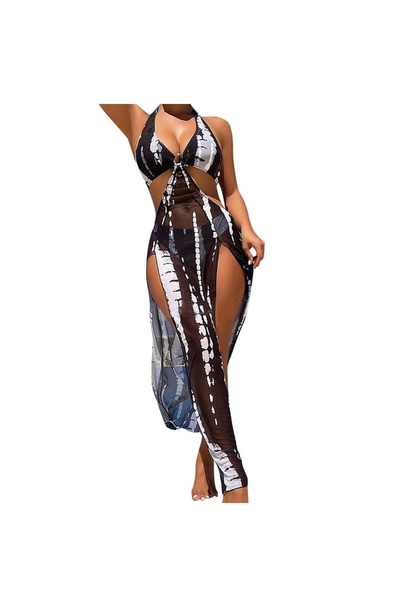 Tie-Dye Bikini Set (3-Piece), Halter Cutout Swimsuit with Maxi Dress, Breathable Beachwear for Vacation