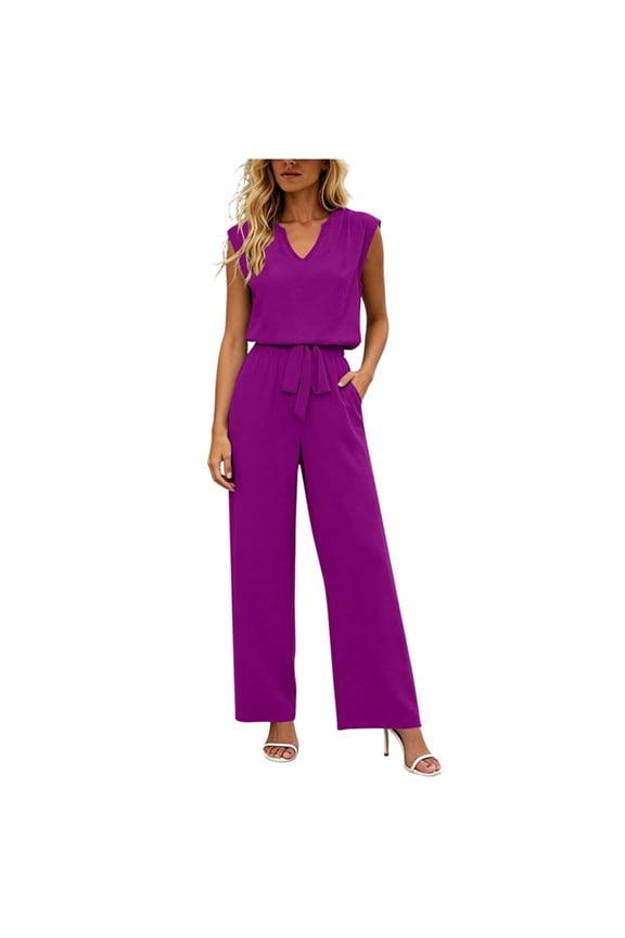 Two Piece Business Lounge Sets for Women, Sleeveless V Neck Top Tie Waist Wide Leg Pants With Pockets Summer Vacation Beach Travel