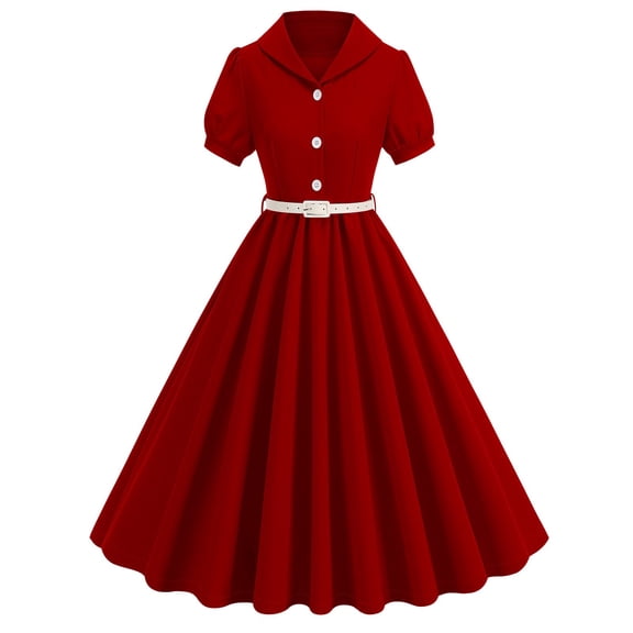 Yyuenw Vintage Dresses for Women 50s Style, Contrast Color Bow Tie Neck Midi Dress, Short Sleeve Waist Belted Rockabilly Swing Dress, Party Daily Dress