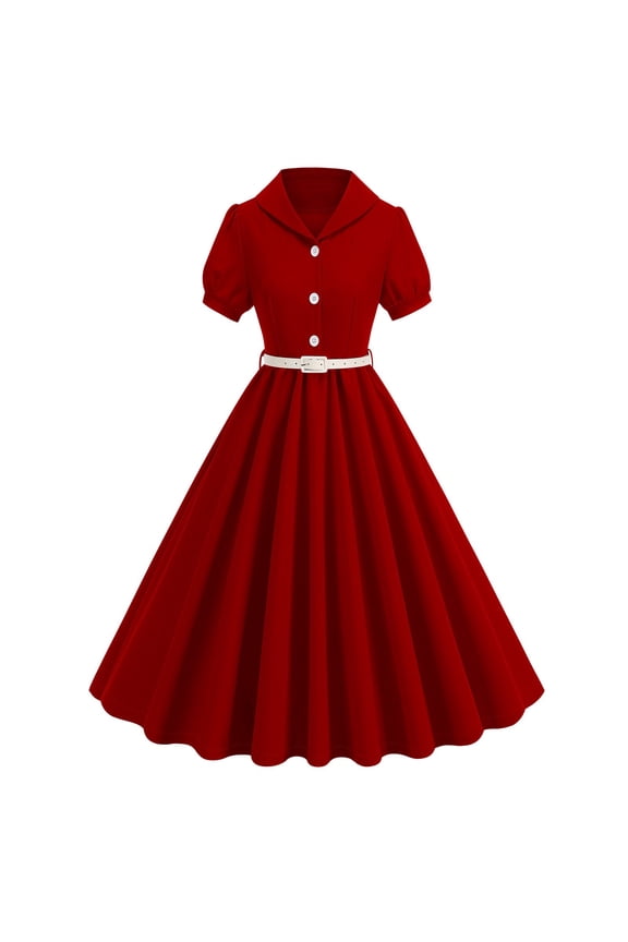 Vintage Dresses for Women 50s Style, Contrast Color Bow Tie Neck Midi Dress, Short Sleeve Waist Belted Rockabilly Swing Dress, Party Daily Dress