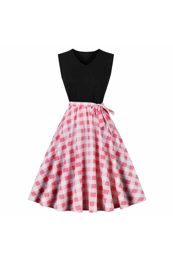 Vintage Dresses for Women 50s Style, V Neck Color Block A-Line Midi Dress, Tie Waist Retro Swing Flared Swing Dress, Party Daily Wedding Guest Dress