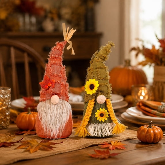 Yyuenw Vintage Linen Fall Faceless Gnome Ornament Sunflower Girl Maple Boy Thanksgiving Farmhouse Table Home Party Decor
