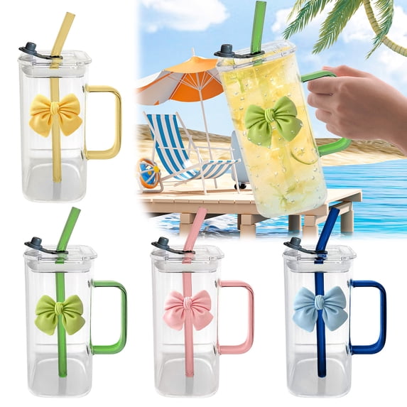 Yyuenw Water Bottle, Transparent Glass Cup With Knot Handle And Straw For Coffee And Milk 400ml