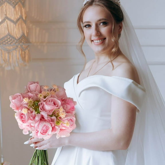 Clearance Under $5!Yyuenw Wedding Bouquets for Bride Bridesmaid, 10 inches Champagne Artificial Roses Flowers for Wedding Valentine's Day Church Home Decoration