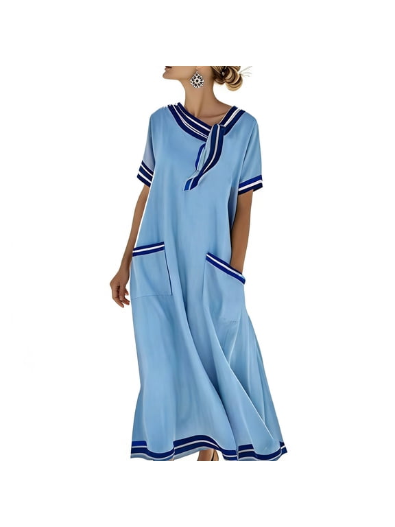Women 2026 Summer Nautical Sailor Collar Dress Short Sleeve Striped Loose Maxi Dress with Pocket for Refreshing Casual