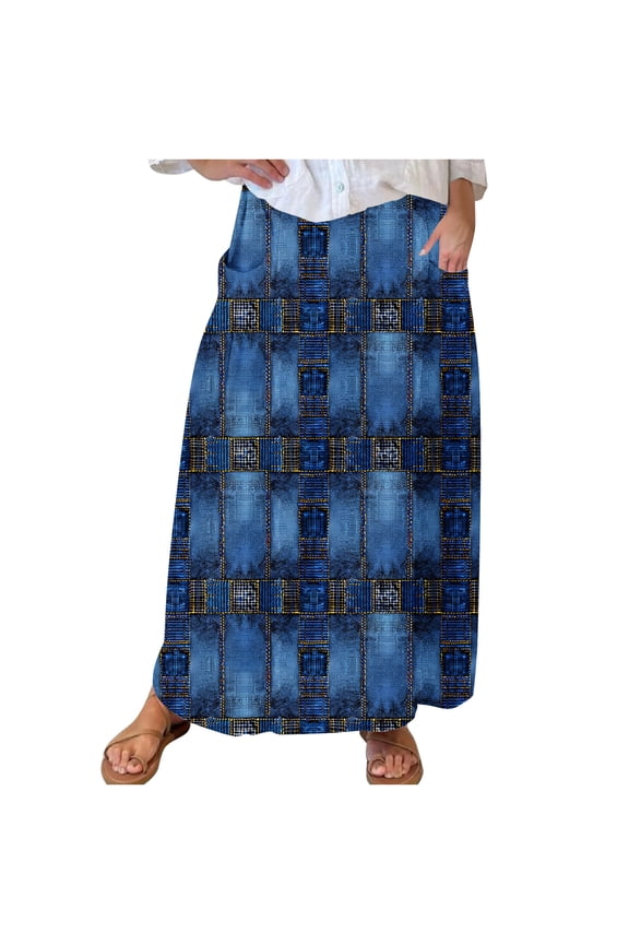 Women Casual Flowy Chevron‑Pattern Skirt High‑Waist Elastic‑Waist Maxi Off‑Campus Skirt with Pockets