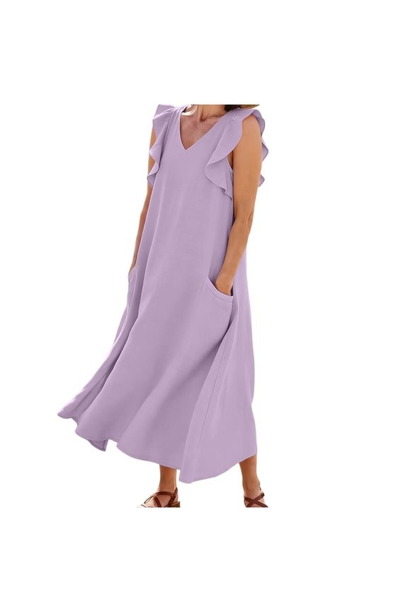 Women Crinkle Linen Ruffle Strap V Neck Maxi Dress With Pockets Breathable Beach Vacation Casual Loose Summer Dress