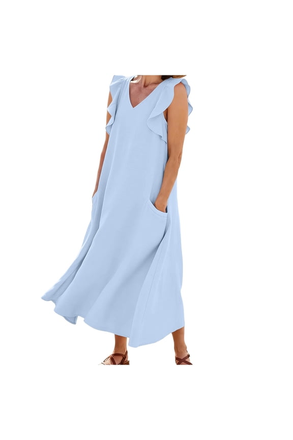 Women Crinkle Linen Ruffle Strap V Neck Maxi Dress With Pockets Breathable Beach Vacation Casual Loose Summer Dress