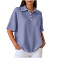 thumbnail image 1 of Yyuenw Women Lapel Collar Half Button Waffle Knit Drop Shoulder Short Sleeve Polo Solid Color Top for Casual Daily, 1 of 7
