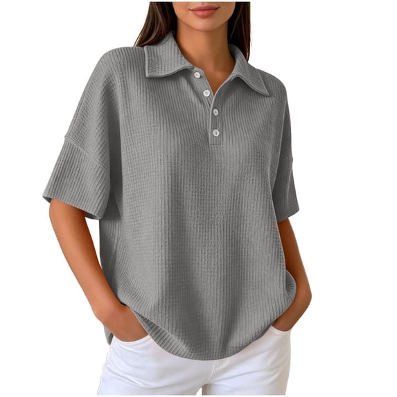 Yyuenw Women Lapel Collar Half Button Waffle Knit Drop Shoulder Short Sleeve Polo Solid Color Top for Casual Daily