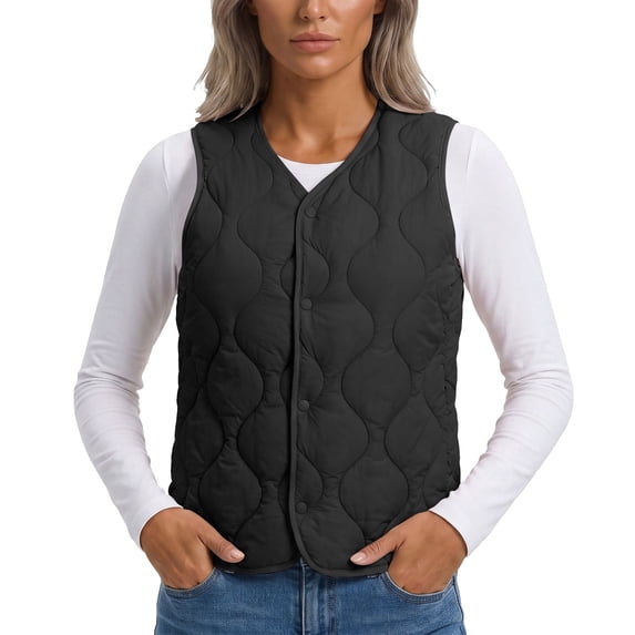 Yyuenw Women Lightweight Cotton Padded Vest V Neck Snap Button Sleeveless Wave Quilted Casual Waistcoat
