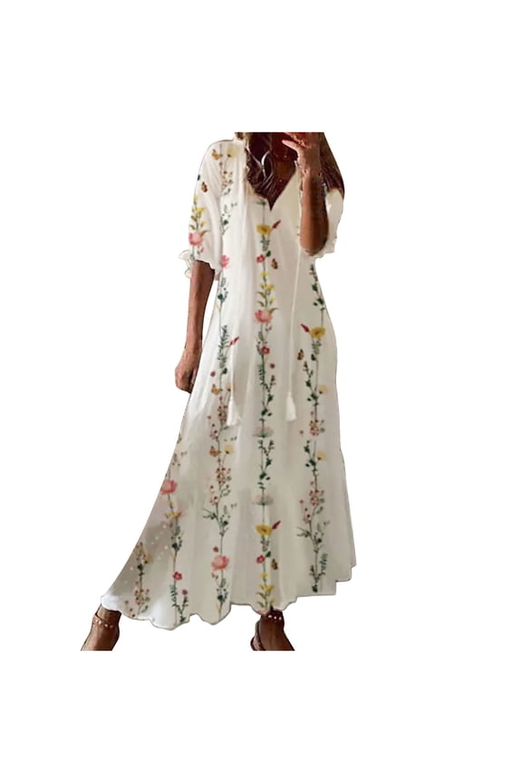 Women Lightweight V Neck Tassel Dress, Floral Vine Print Loose Breathable Long Dress for Beach Vacation Casual