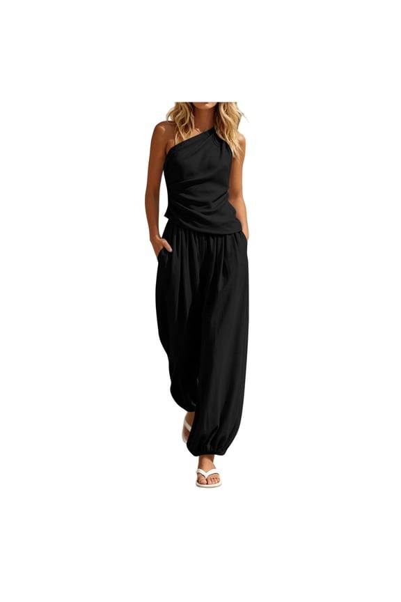 Women One Shoulder Matching 2 Piece, One Shoulder Sleeveless Tank Top Drawstring Wide Leg Pants Summer Casual Vacation Athleisure Set