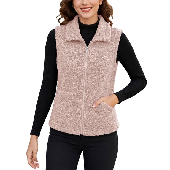 Yyuenw Women Sleeveless Zip Up Soft Fluffy Teddy Fleece Vest Lapel Collar Casual Daily Sherpa Outer Gilet with Pockets
