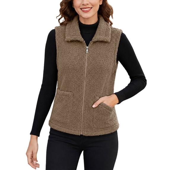Yyuenw Women Sleeveless Zip Up Soft Fluffy Teddy Fleece Vest Lapel Collar Casual Daily Sherpa Outer Gilet with Pockets