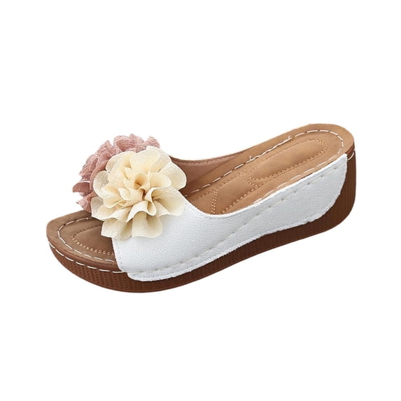 Yyuenw Women Square Toe 3D Flower Wedge Slide Sandals PU Open Toe Slip On Summer Shoes